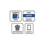 imagem que mostra a reciclagem a fazer neste produto, ecoponto azul para a caixa e indiferenciado para a saqueta